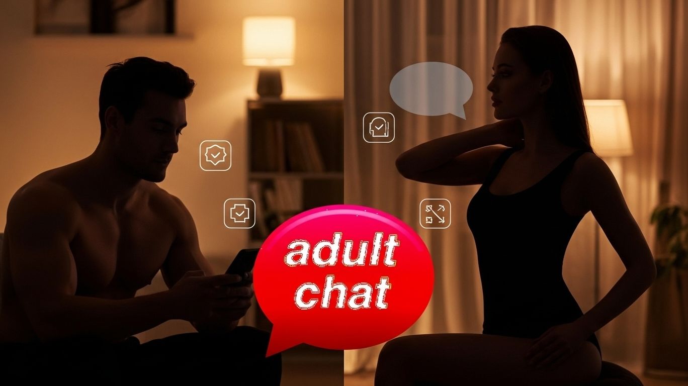 Adults enjoying a safe and respectful adult chat online with privacy, rules, and security icons highlighted