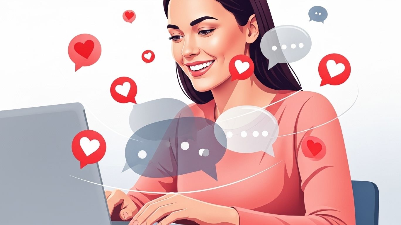 Person enjoying an adult chat on a laptop with heart and message icons symbolizing connection and openness