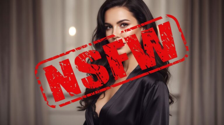NSFW meaning illustrated with warning label over woman in dark outfit symbolizing not safe for work content