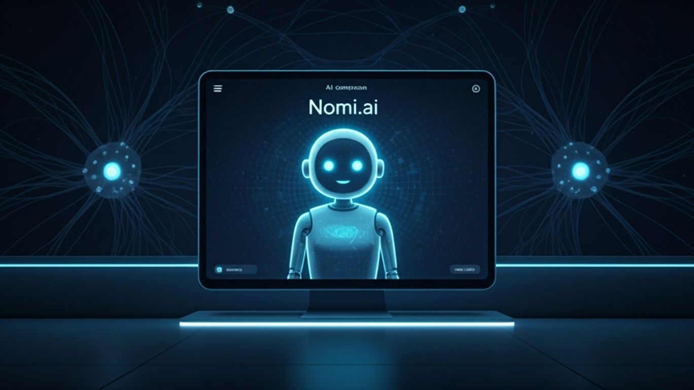 Digital illustration of Nomi.ai AI companion with memory, emotion, and creativity interface on screen