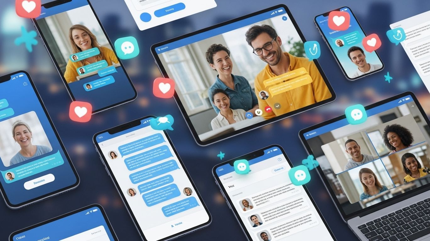 Illustration of people chatting online with text 'The Biggest Benefits of Free Sex Chat,' highlighting the advantages of free sex chat platforms for connection and engagement