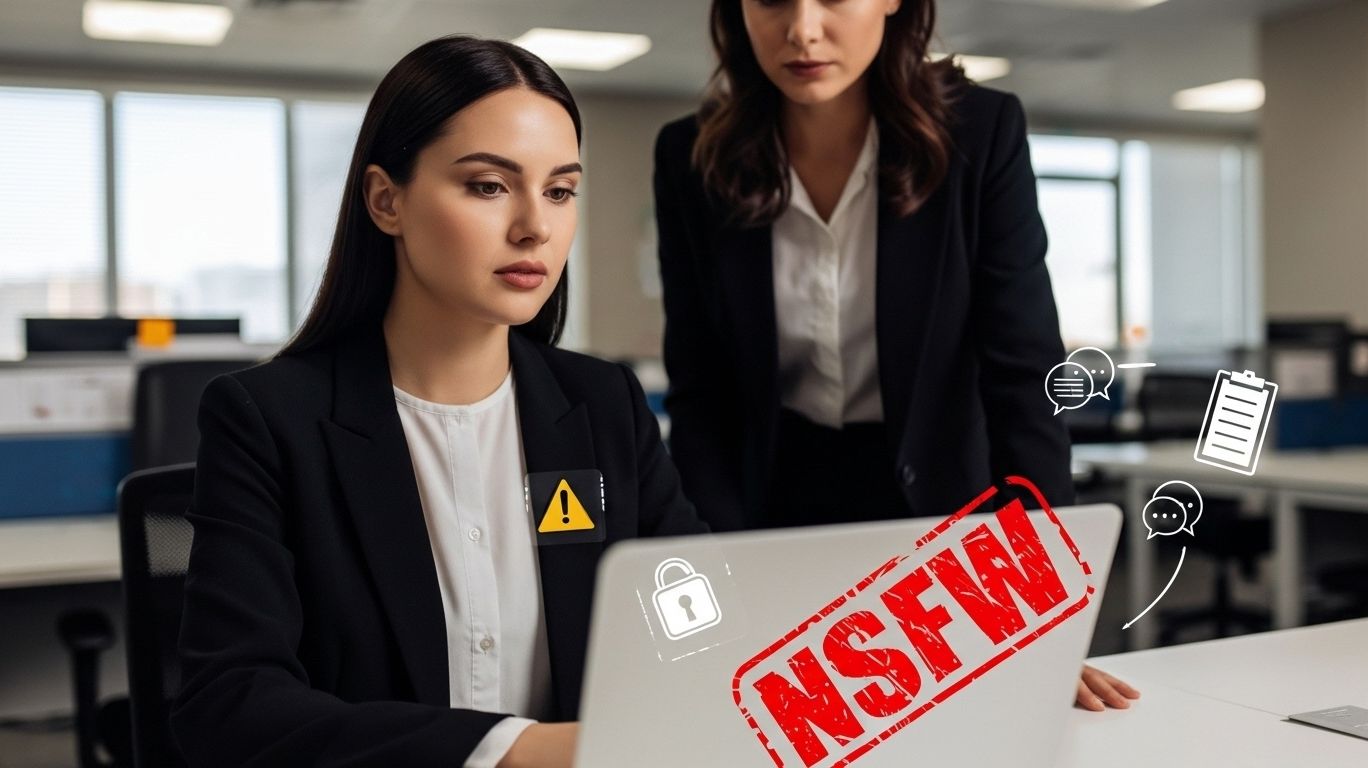 Office worker viewing a laptop with an NSFW warning on screen, showing the risks of NSFW meaning at work including discipline, security threats, and reputation damage.