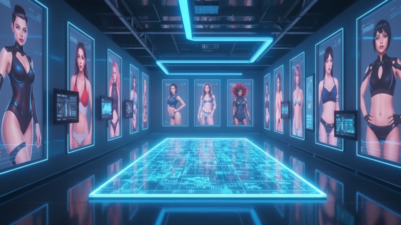 Futuristic illustration of AI technology powering an NSFW site with chatbots, deepfake tools, VR, and erotic art generators.