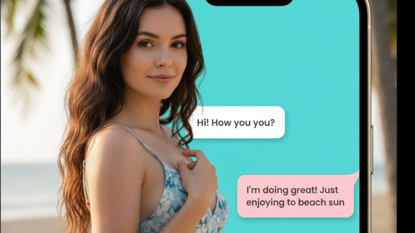 Chat with sexy AI example showing virtual girlfriend texting on smartphone with beach background