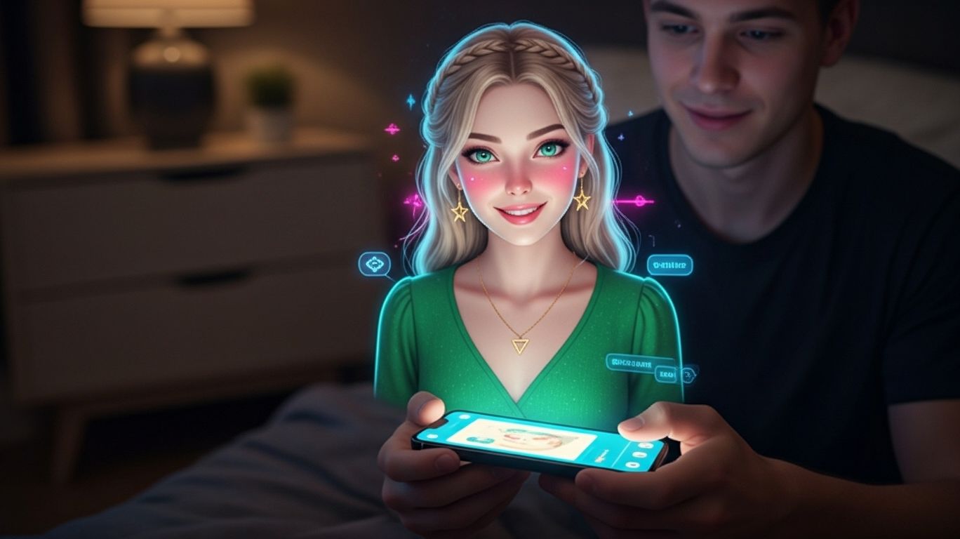 NSFW AI girlfriend chat with a virtual companion avatar on a smartphone screen, showing intimate and emotional digital conversations.