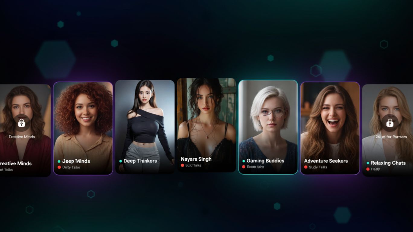 AI chatbot 18 platform showcasing diverse virtual characters for interactive conversations including deep thinkers gaming buddies and adventure seekers