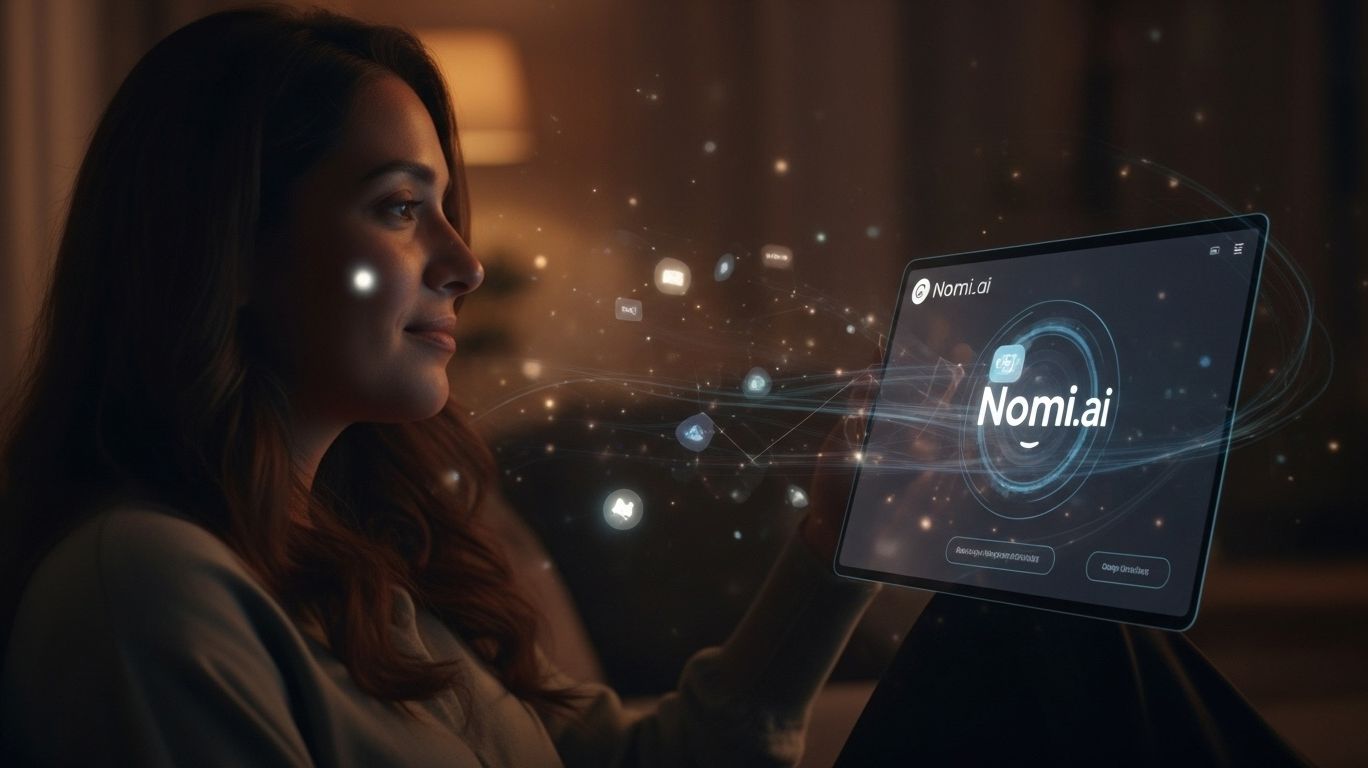 Friendly digital illustration of Nomi.ai AI companion for companionship, roleplay, romance, and emotional connection