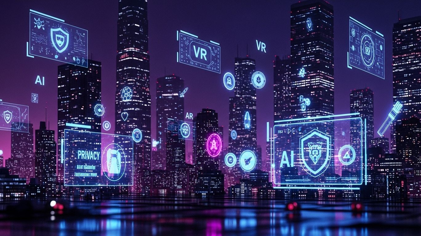 Futuristic city skyline with AI VR and AR technology icons symbolizing digital privacy and growth of nsfw site industry in 2025