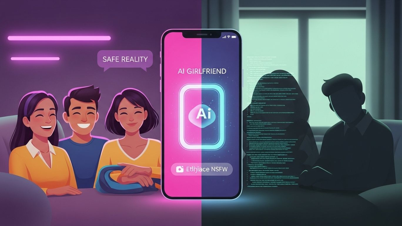 Illustration of an ai girlfriend app nsfw showing its cultural impact, with themes of companionship, inclusivity, safe intimacy, and debates over privacy and blurred reality.