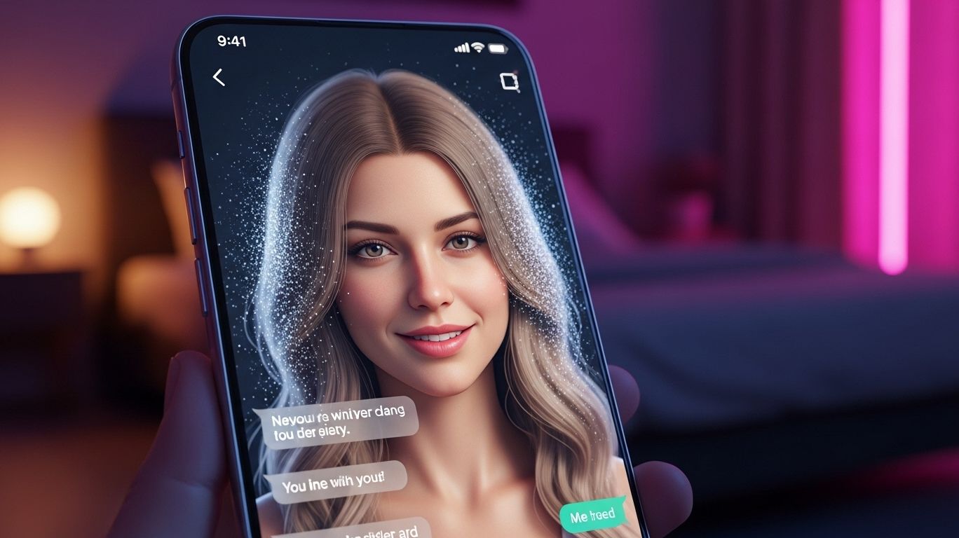 Illustration of an ai girlfriend app nsfw on a smartphone, showing a lifelike virtual partner designed for adult conversation, companionship, and immersive interaction.