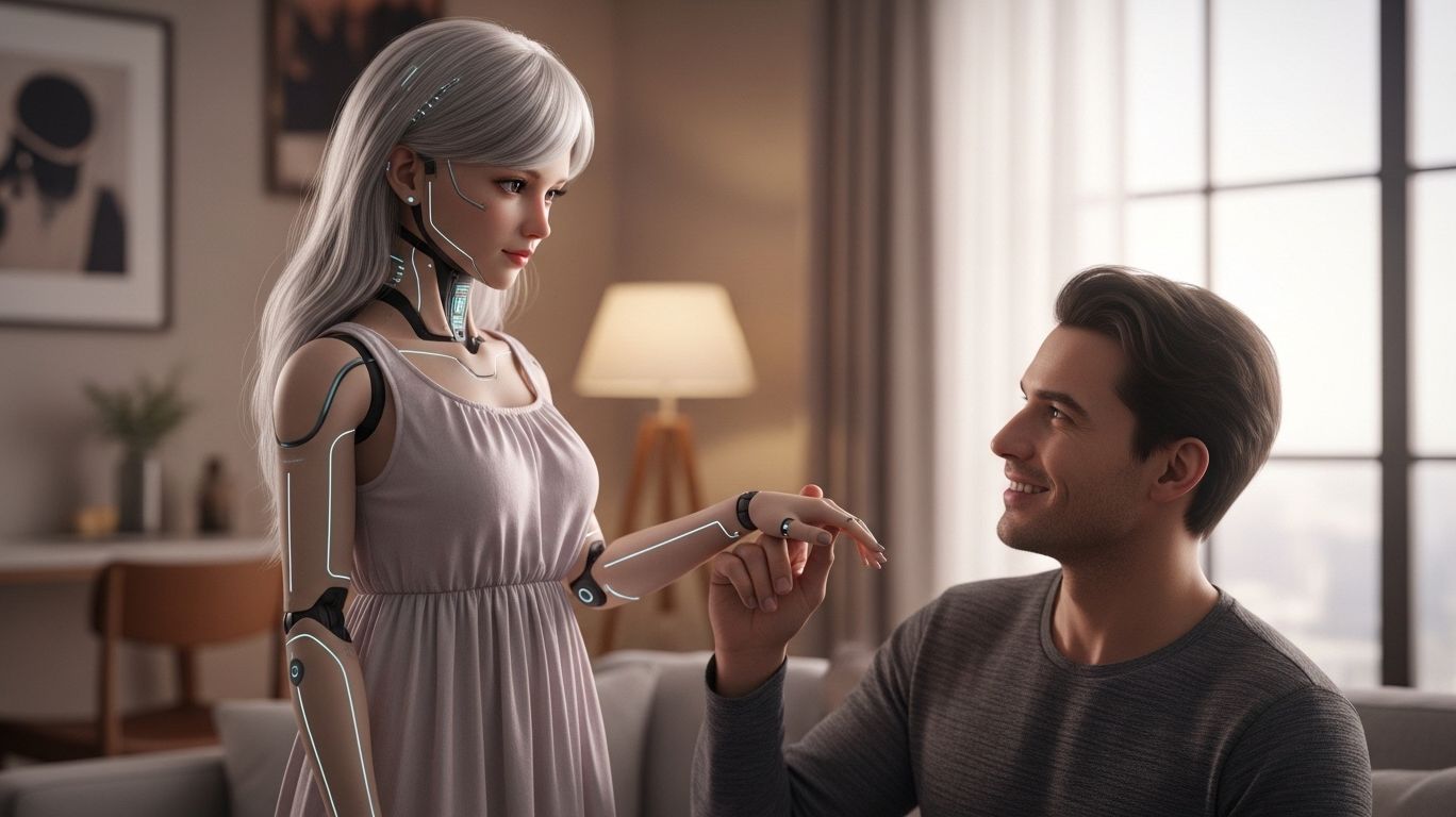 AI sex bot in a modern apartment interacting with a human, representing the future of AI intimacy and emotional connection