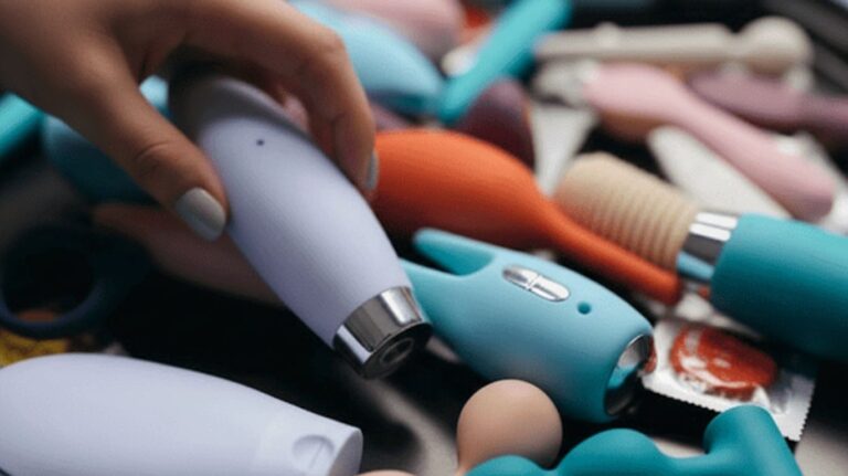 AI sex toy collection with colorful vibrators and adult devices displayed on table with hand picking one product