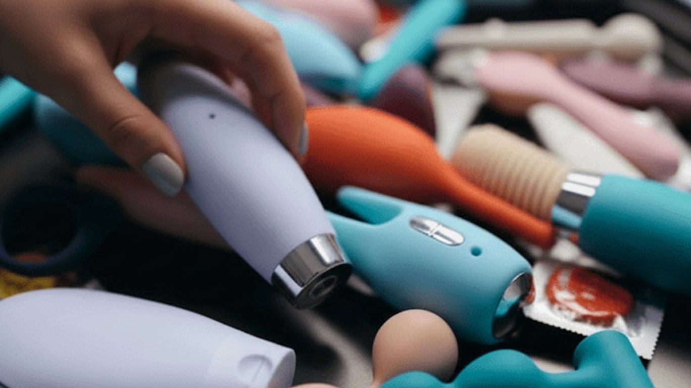 AI sex toy collection with colorful vibrators and adult devices displayed on table with hand picking one product