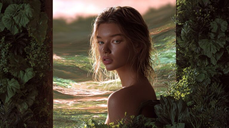 Artistic portrait of a digital model surrounded by lush greenery and glowing water, representing ainude virtual creativity and AI-generated beauty
