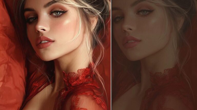 Elegant digital portrait of a woman in red lace with soft lighting, featured image for best ai porn