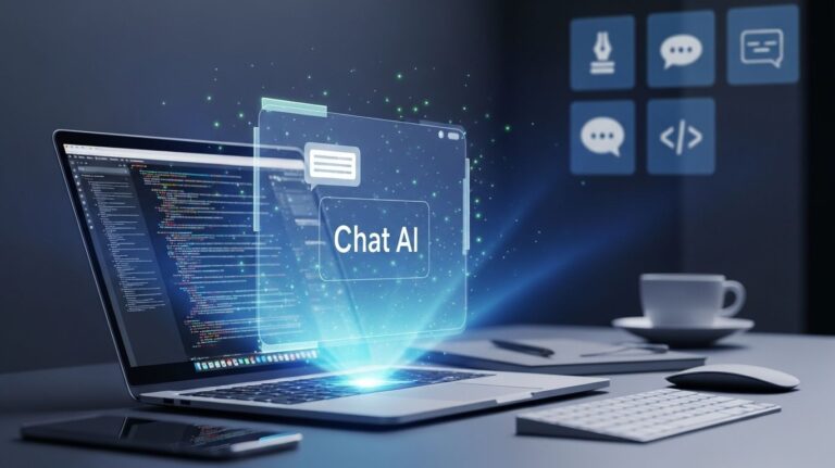 Chat AI interface glowing above a laptop, symbolizing AI chatbots used for writing, messaging, and coding in daily life.