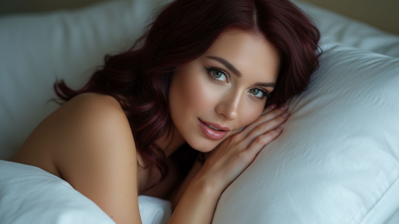 Chat with sexy AI featuring realistic red-haired female avatar lying on bed with sensual expression