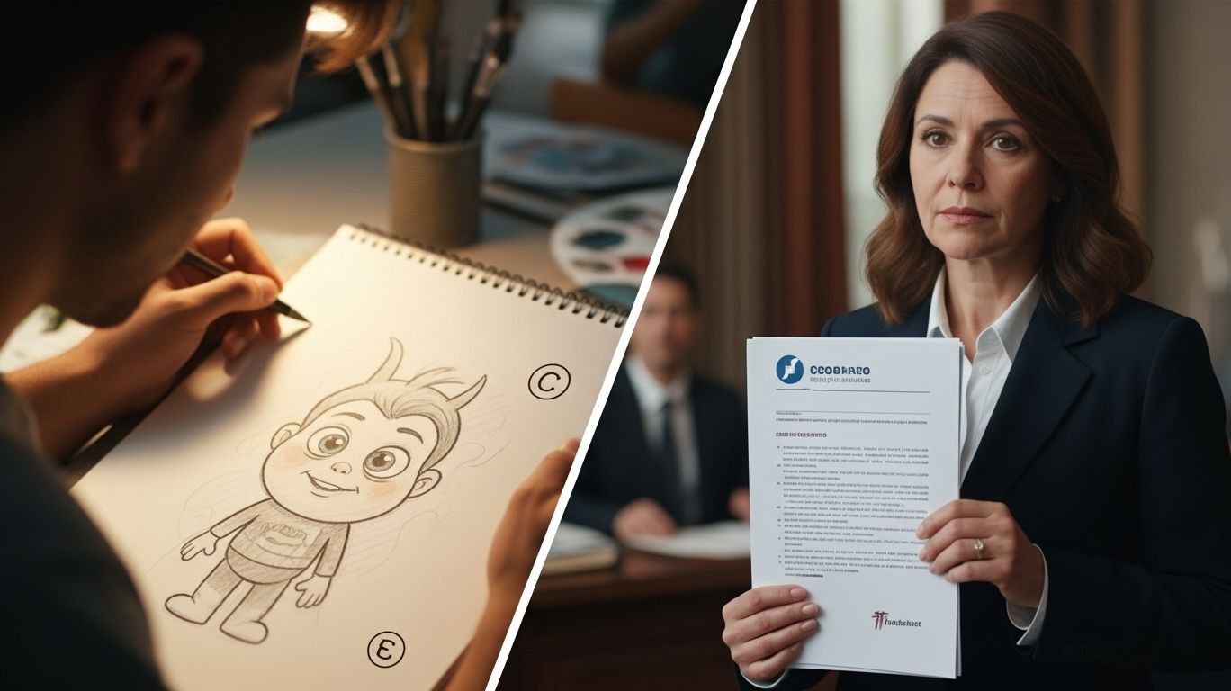 How much does it cost to copyright a character – illustration showing copyright protecting artwork and trademark protecting character names and logos
