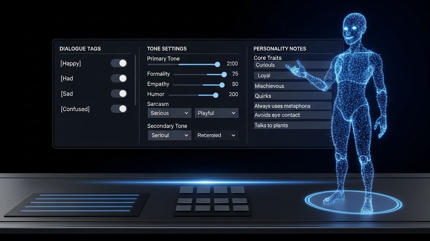 Digital dashboard with formatting tweaks and a holographic AI avatar, illustrating how to make a good character AI with improved performance.