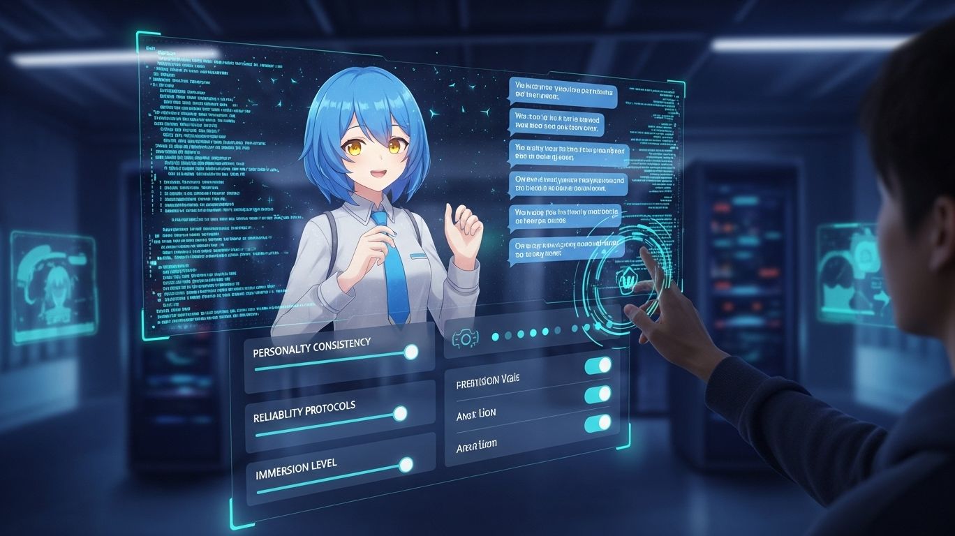 Holographic AI character on a digital interface showing consistent personality traits, symbolizing why consistency matters in how to make a good character AI