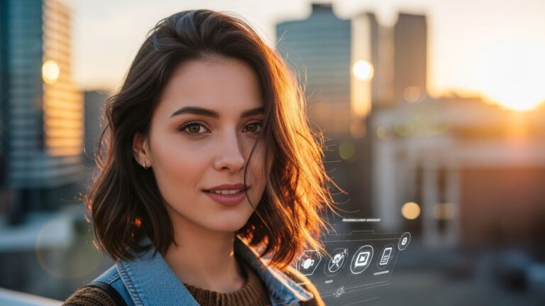 AI girlfriend companion platform showing a young woman interacting with a virtual AI partner via smartphone in a sunset cityscape
