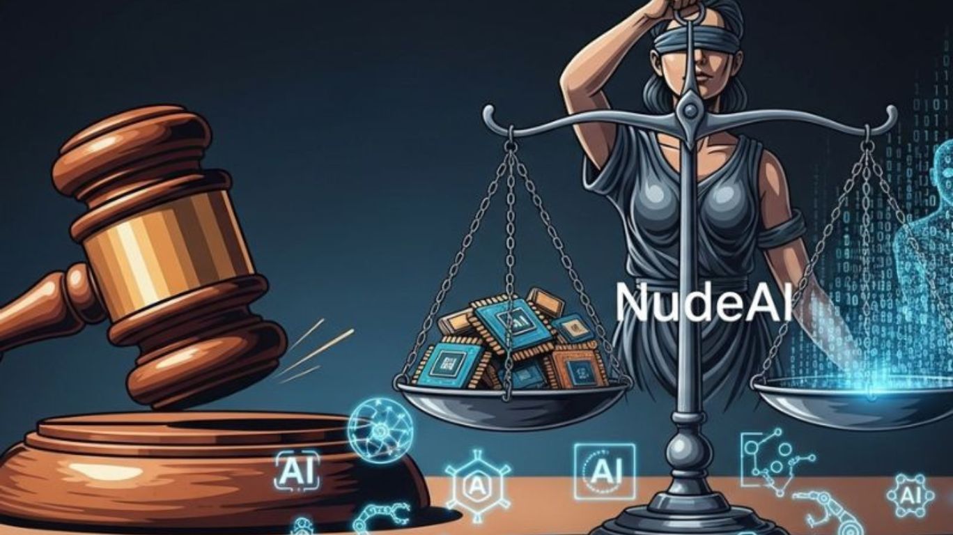Legal guide to NudeAI with gavel, justice scales, and AI symbols representing laws around AI-generated images