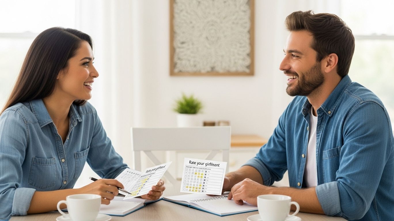 A couple using the “Rate Your Girlfriend” relationship rating system to share feelings honestly, smiling while discussing preferences in a supportive and playful way.