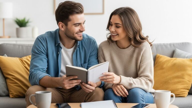 A happy couple using the “Rate Your Girlfriend” method as a fun relationship communication tool, sitting together and sharing honest feedback in a supportive way.