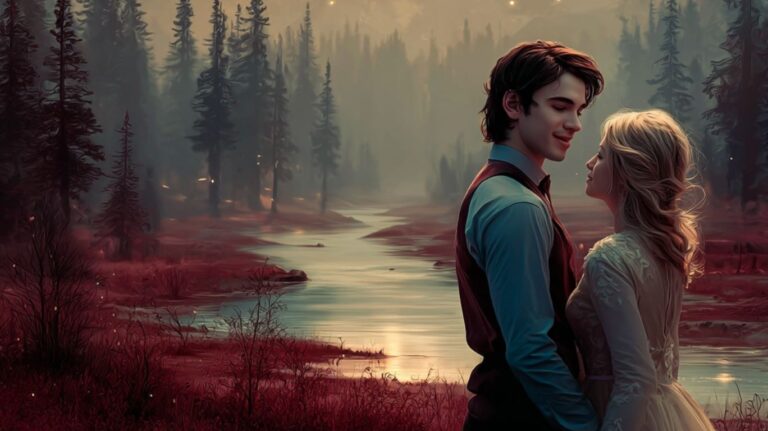 Couple standing by a river in a dreamy forest landscape at sunset created with romanticai digital art