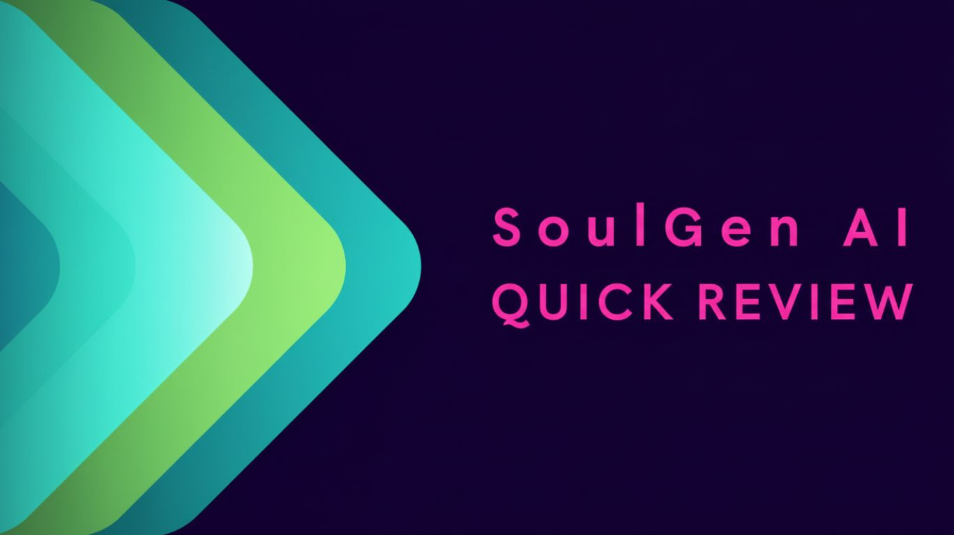 Soulgenai quick review graphic with modern arrow design and bold text on dark background