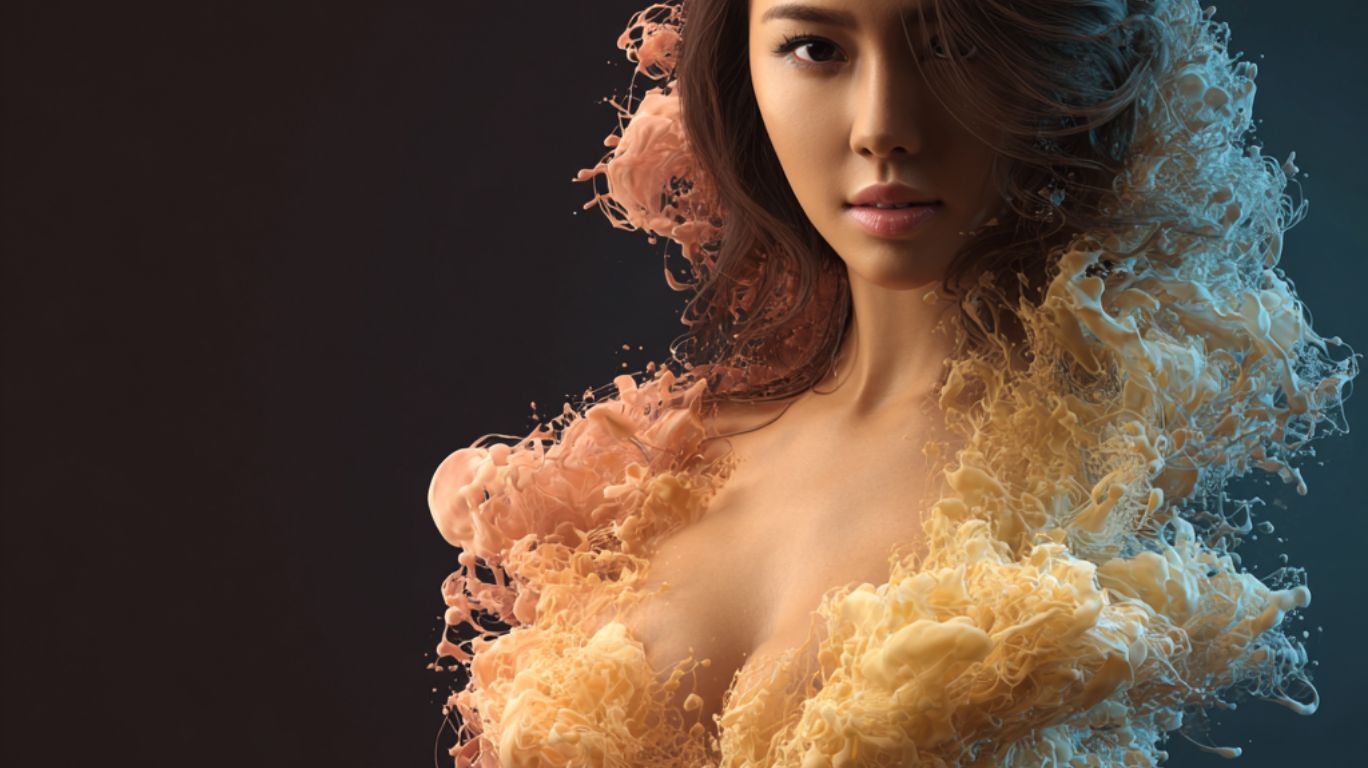 "Artistic portrait of a woman with abstract flowing textures blending into her body created in digital art style by nudeai