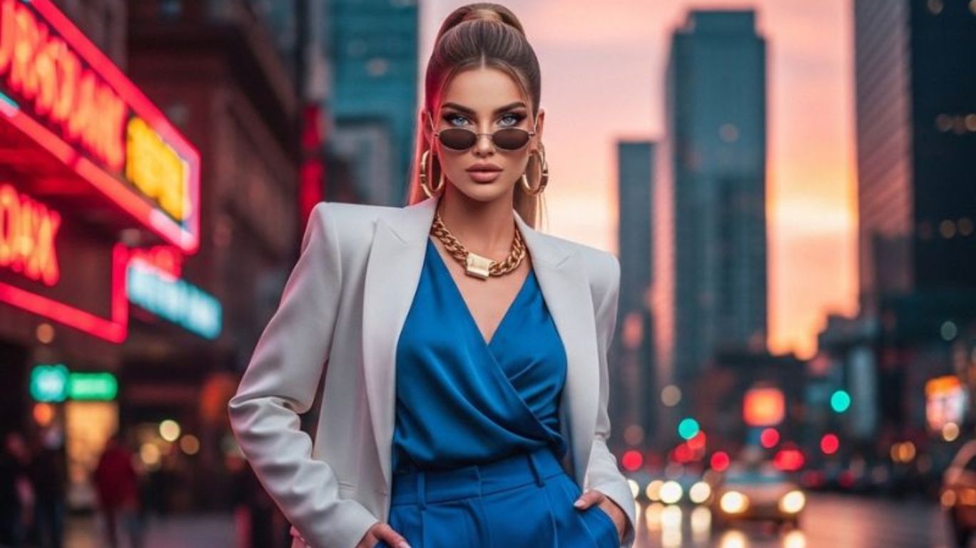 AI model Instagram influencer posing in stylish outfit against vibrant city background for social media post.