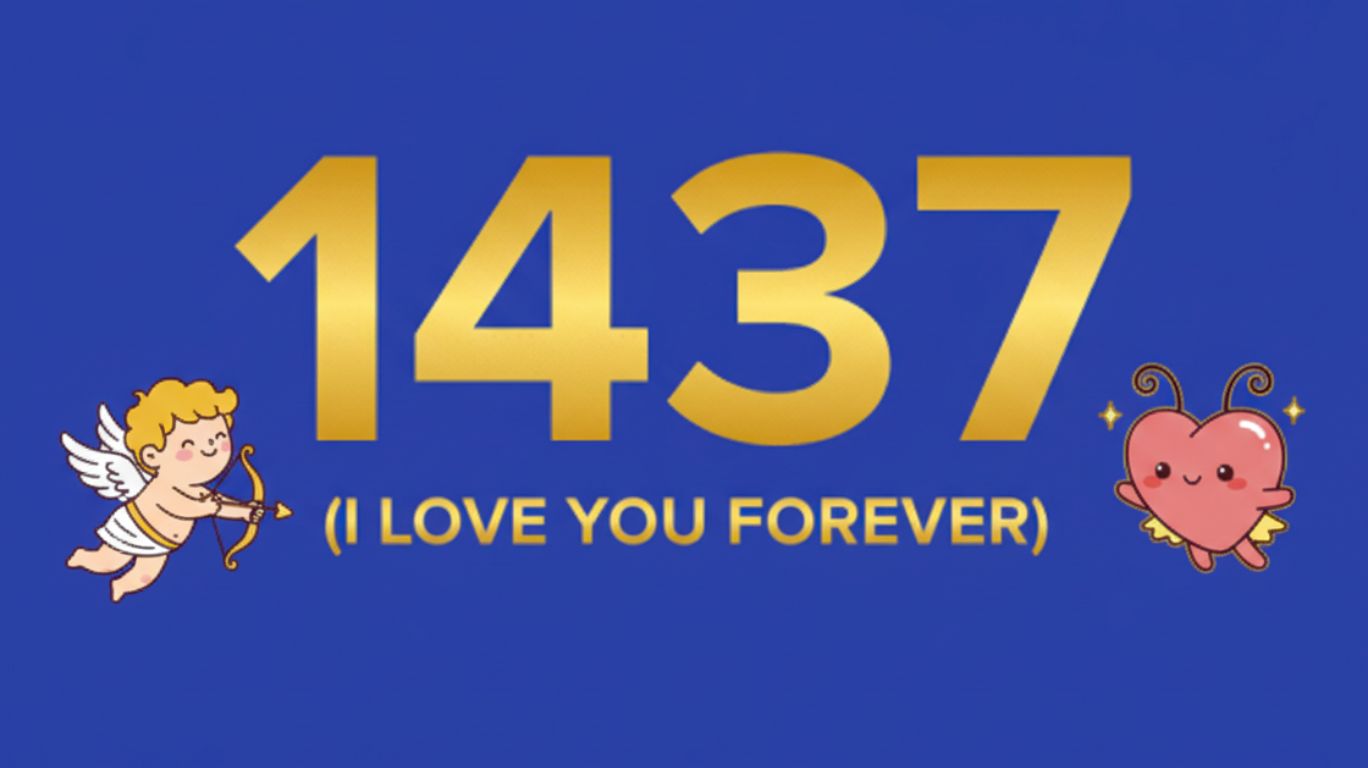 1437 meaning I love you forever illustrated with golden numbers, cupid, and cute heart character on blue background