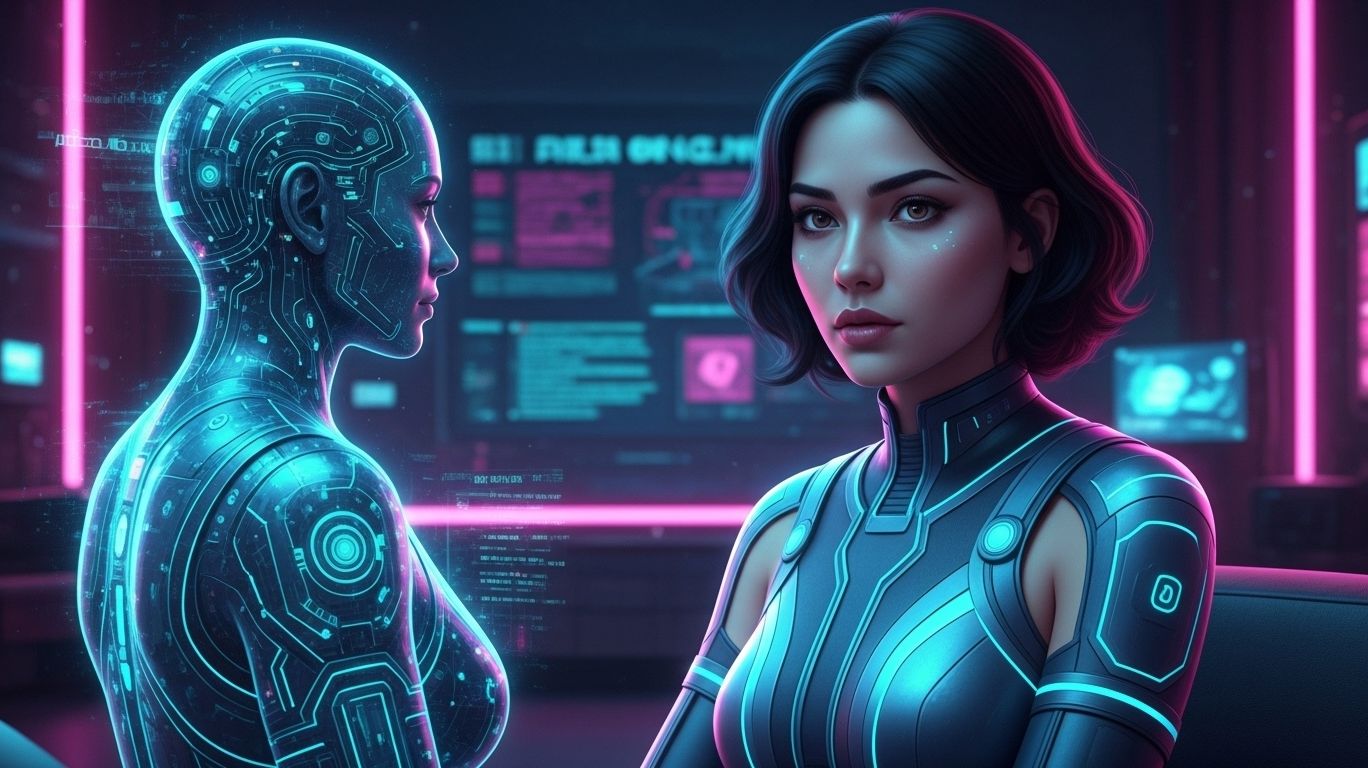 Ai Sex Chat concept art showing AI sex chat as a futuristic digital connection with personalization, intimacy, and advanced technology in the modern age.