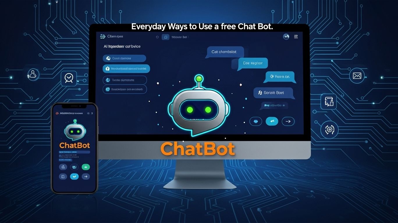 Illustration of a free chat bot in a digital workspace, showing conversation bubbles and AI tools for customer service, task automation, and productivity
