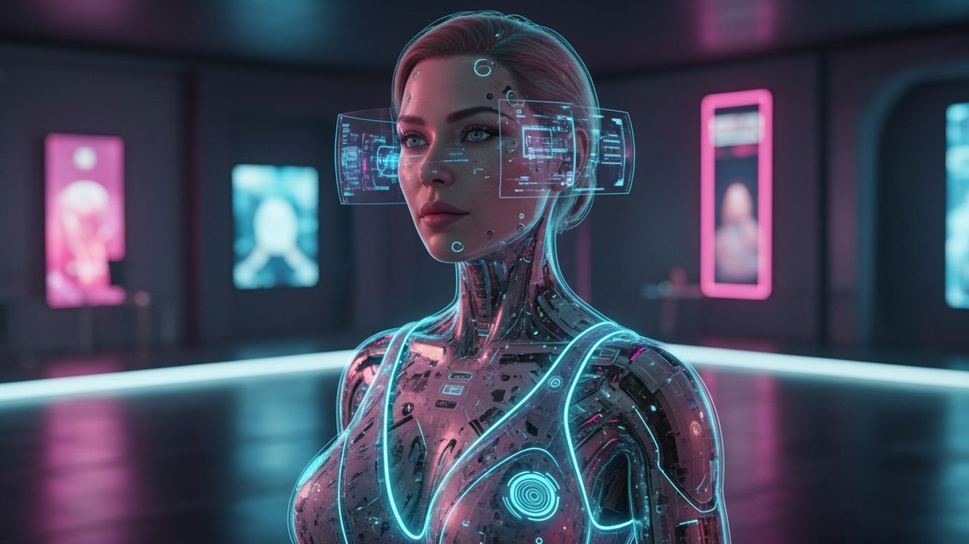 Futuristic sexy AI art showing a digital female avatar with holographic and VR elements, representing the evolution of AI-generated artwork and immersive creativity.