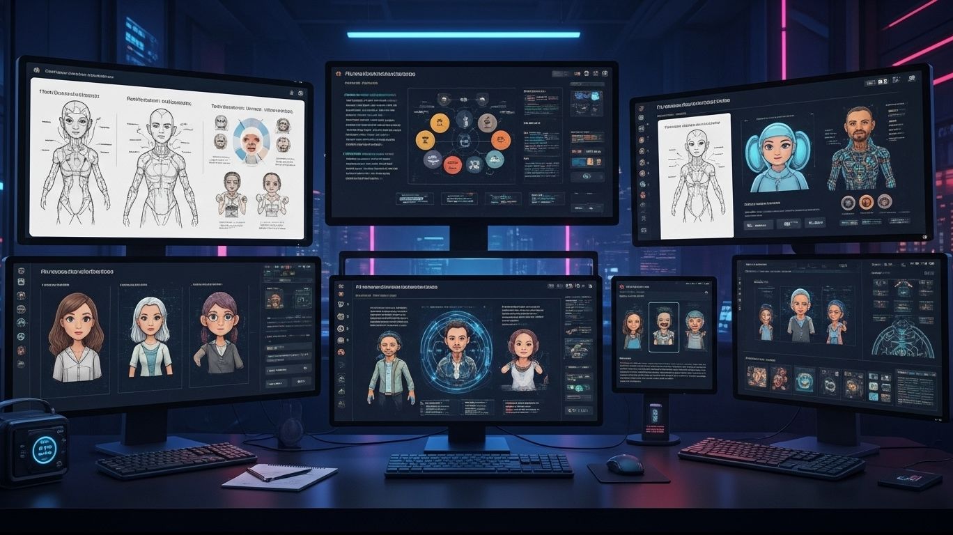 Behind-the-scenes of AI character creation showing developers working on concept art, personality design, AI model selection, and integration for apps, VR, and AR.