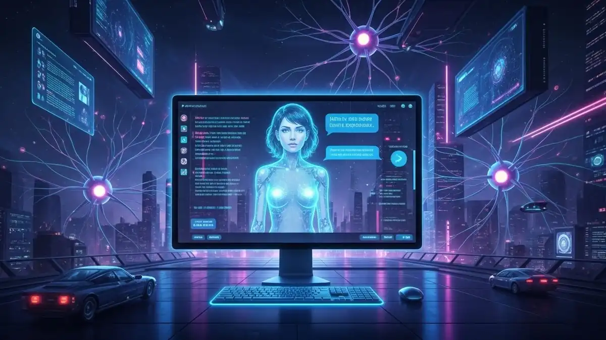 AI sex chat illustration showing how AI sex chat works with natural language processing and machine learning, featuring a holographic AI companion interacting in real time.