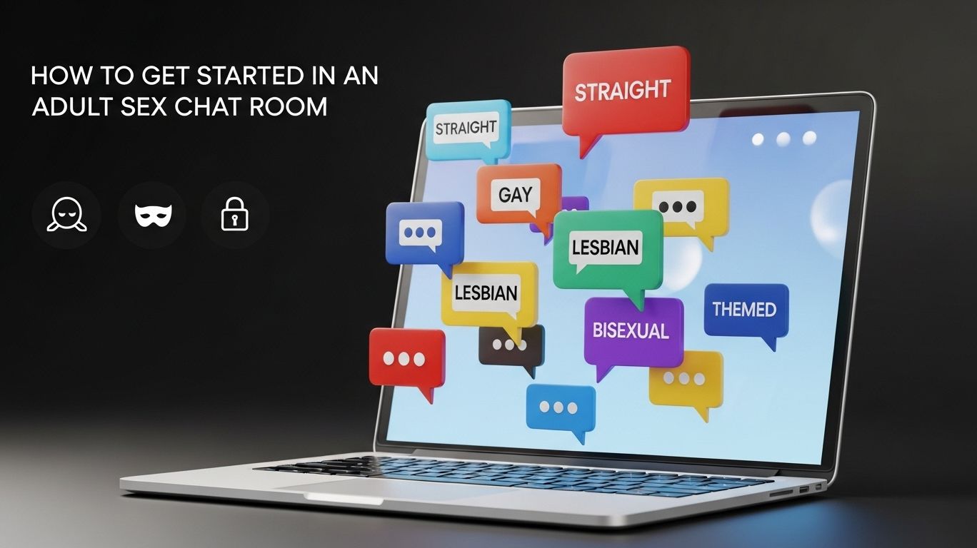 Step-by-step guide to getting started in an adultchat room – showing laptop with colorful chat bubbles for straight, gay, lesbian, bisexual, and themed rooms, highlighting anonymous and secure chatting