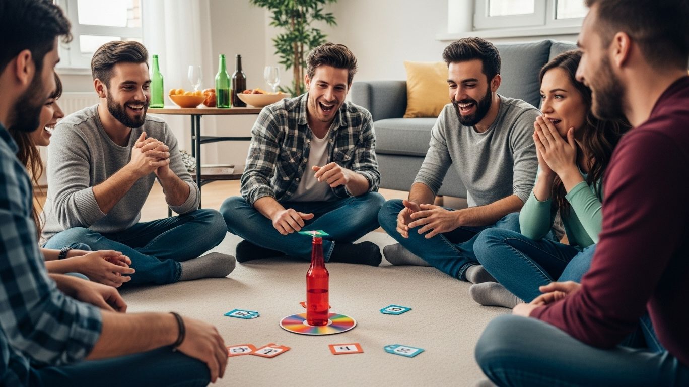 Friends playing Truth or Dare step-by-step, spinning a bottle in the center as they laugh and take turns answering questions or doing dares.