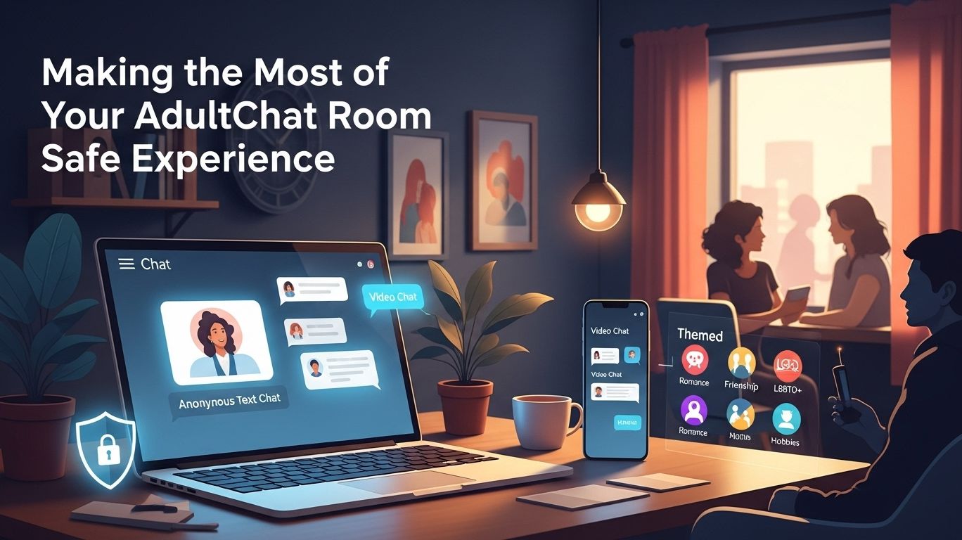 Safe and secure adultchat experience with laptop and smartphone showing anonymous text, video, and themed chat rooms for adults connecting in a welcoming online space
