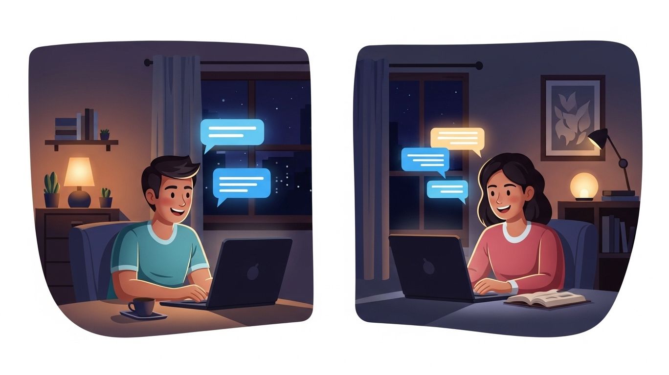 Two people enjoying sexchat in a safe and comfortable online space, representing playful flirtation, roleplay, and meaningful adult conversations.