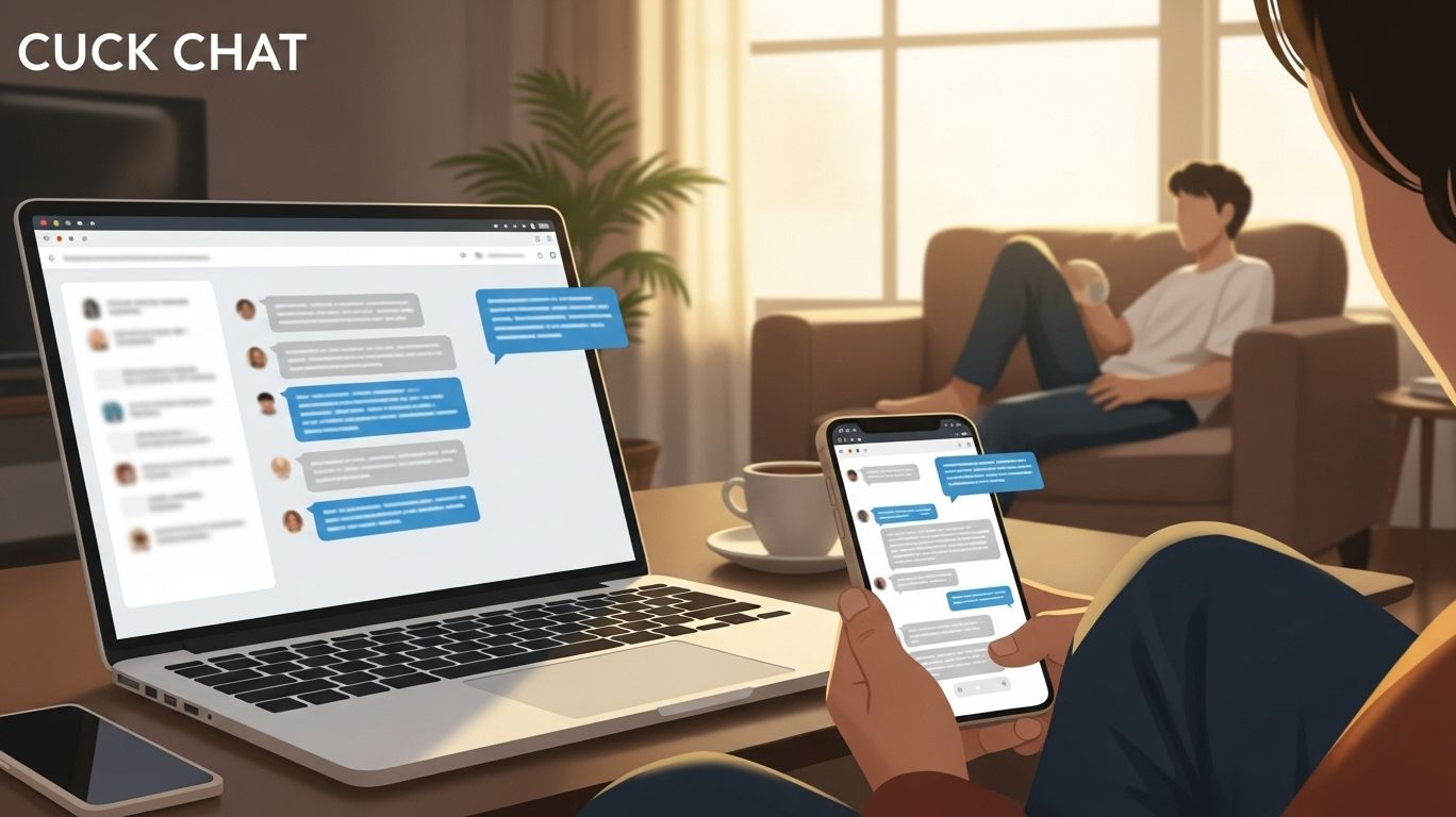 Illustration of cuck chat community, showing people exploring fantasies, enhancing relationships, and connecting online in a private chatroom setting