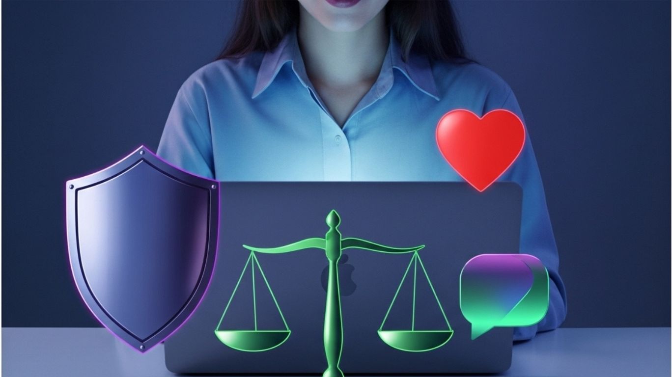 Illustration of a person joining an adult chat room with icons for safety, respect, and balance, promoting helpful tips for a positive and secure free adult chat experience.