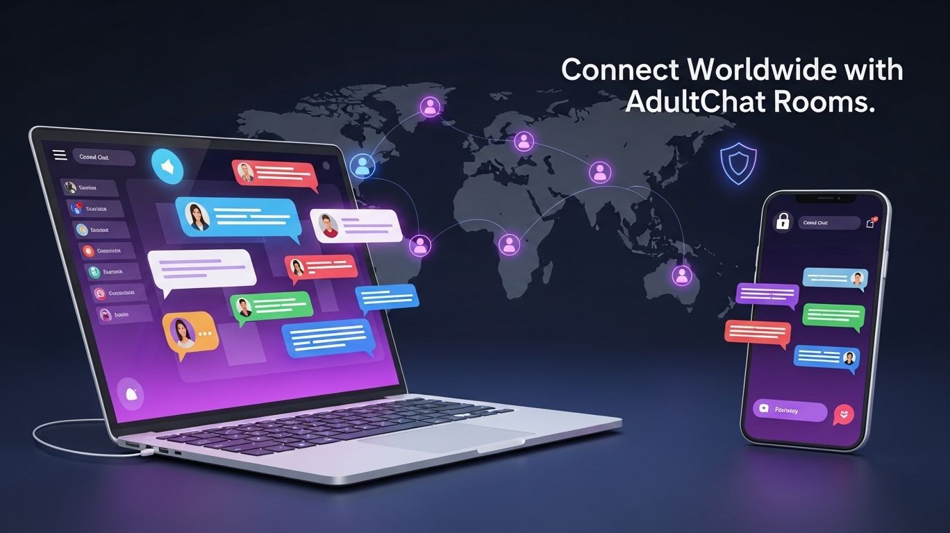 AdultChat featured image showing laptop and smartphone with global chat rooms connecting people worldwide