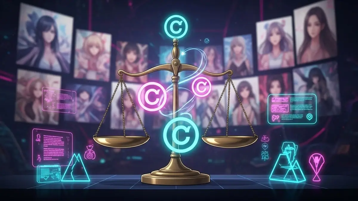 Scales of justice and copyright symbols in front of anime art, showing the legal side of AI generated hentai