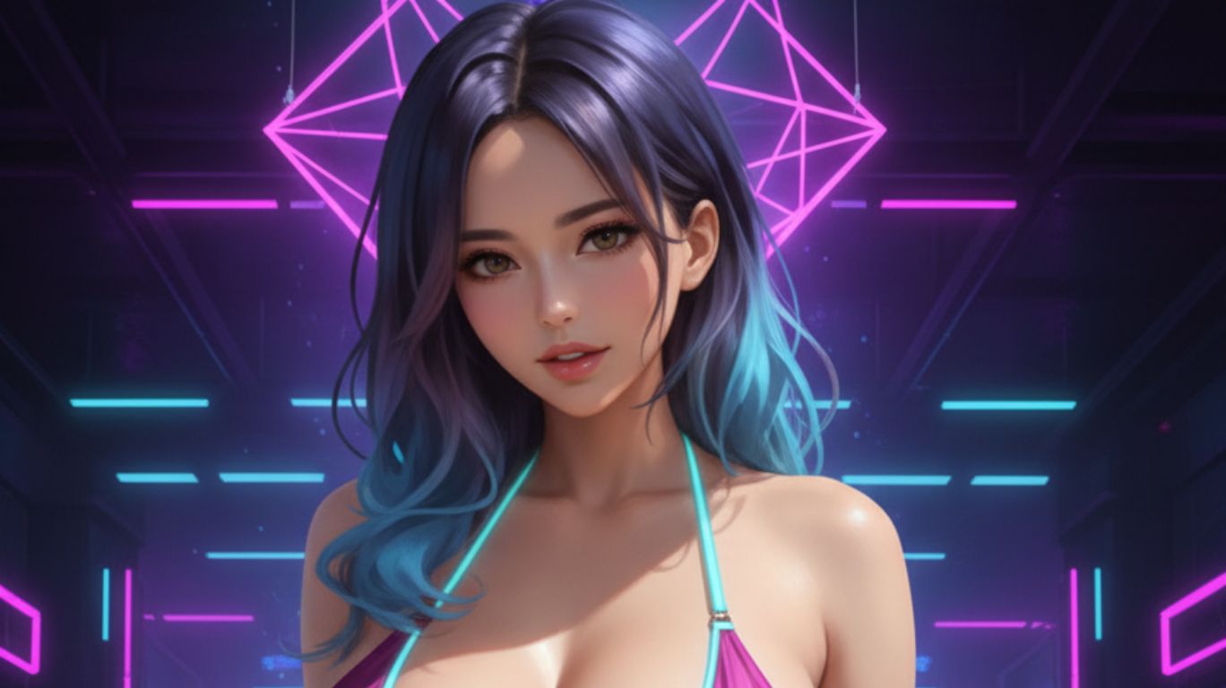AI hentai artwork of anime-style woman with blue hair in neon cyberpunk background