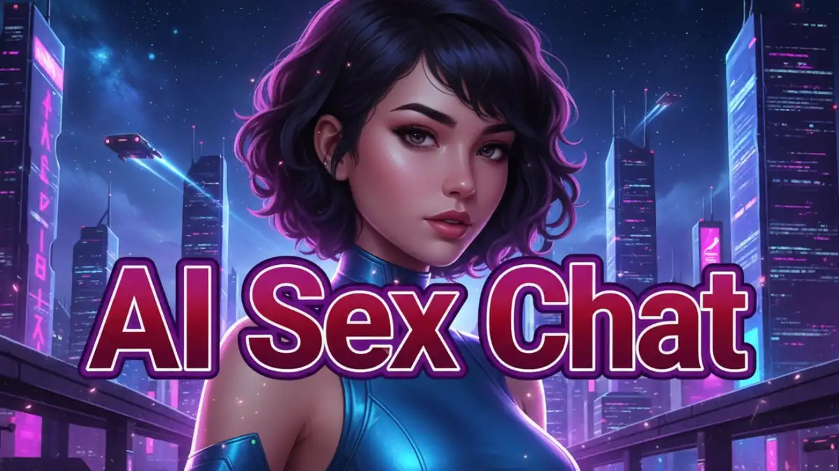 AI sex chat featured image showing futuristic female character with neon cyberpunk city background