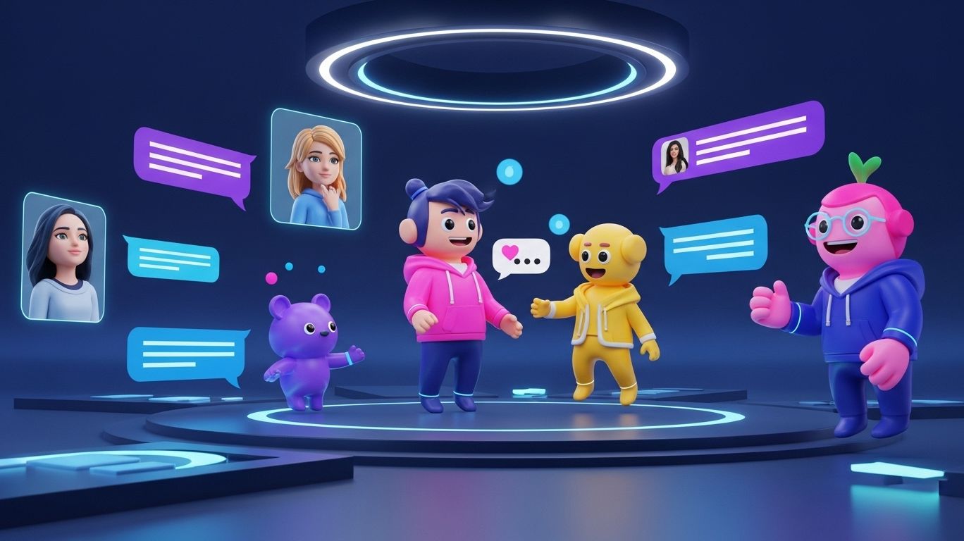Character AI chat featured image with 3D cartoon avatars and speech bubbles in a futuristic virtual chatroom.