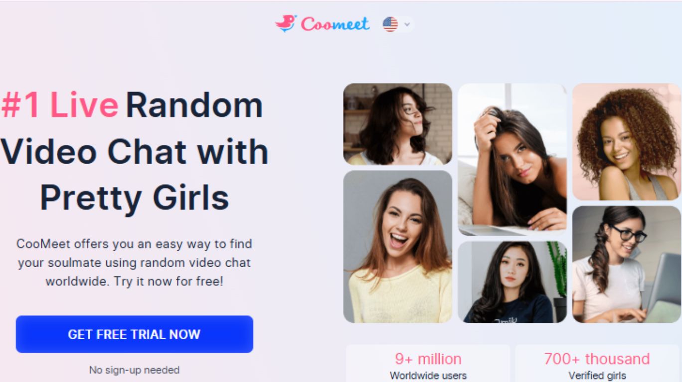Cuck chat on CooMeet platform showing live random video chat with pretty girls and global user statistics.